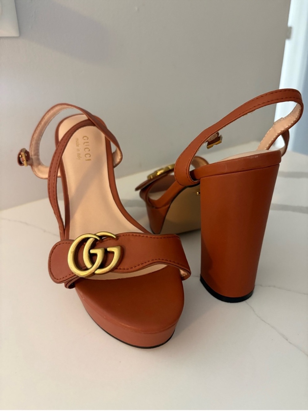 Gucci Cognac Leather Platform Slingback Sandals with Gold Double G